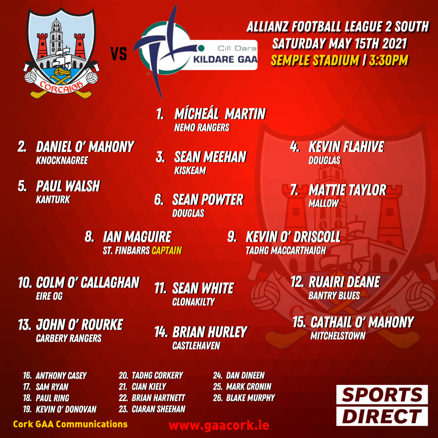 Cork Football team to play Kildare Cork GAA