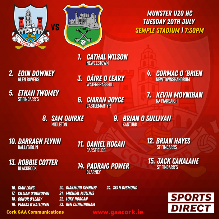 Cork U20 Hurling team to play Tipperary has been announced Cork GAA