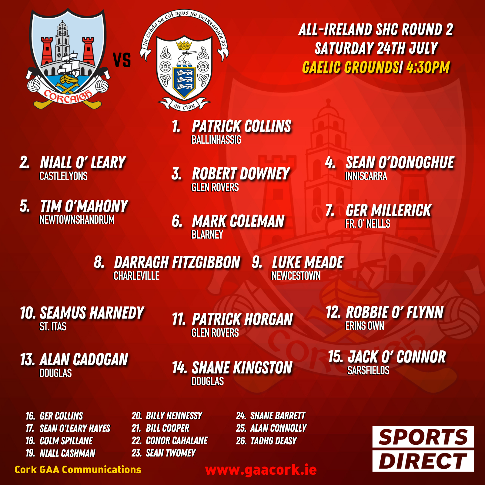 Cork team to play Clare in AllIreland SHC Round 2 has been announced