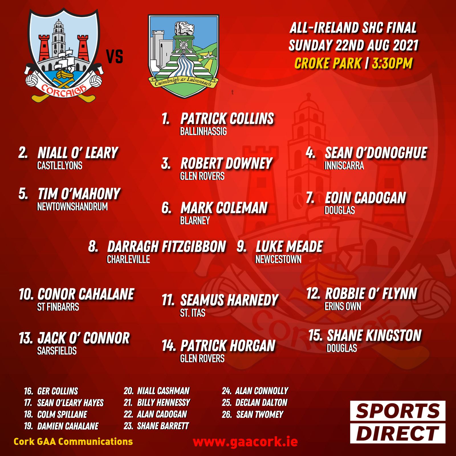 Cork Senior Hurling team to play Limerick in AllIreland Final Cork GAA