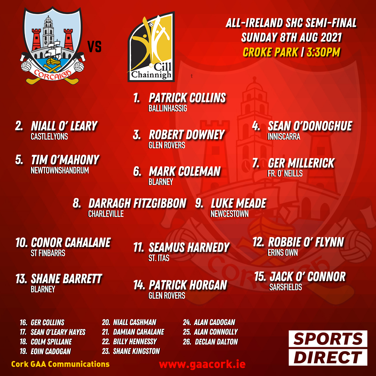 Cork Senior Hurling team to play Kilkenny has been announced Cork GAA