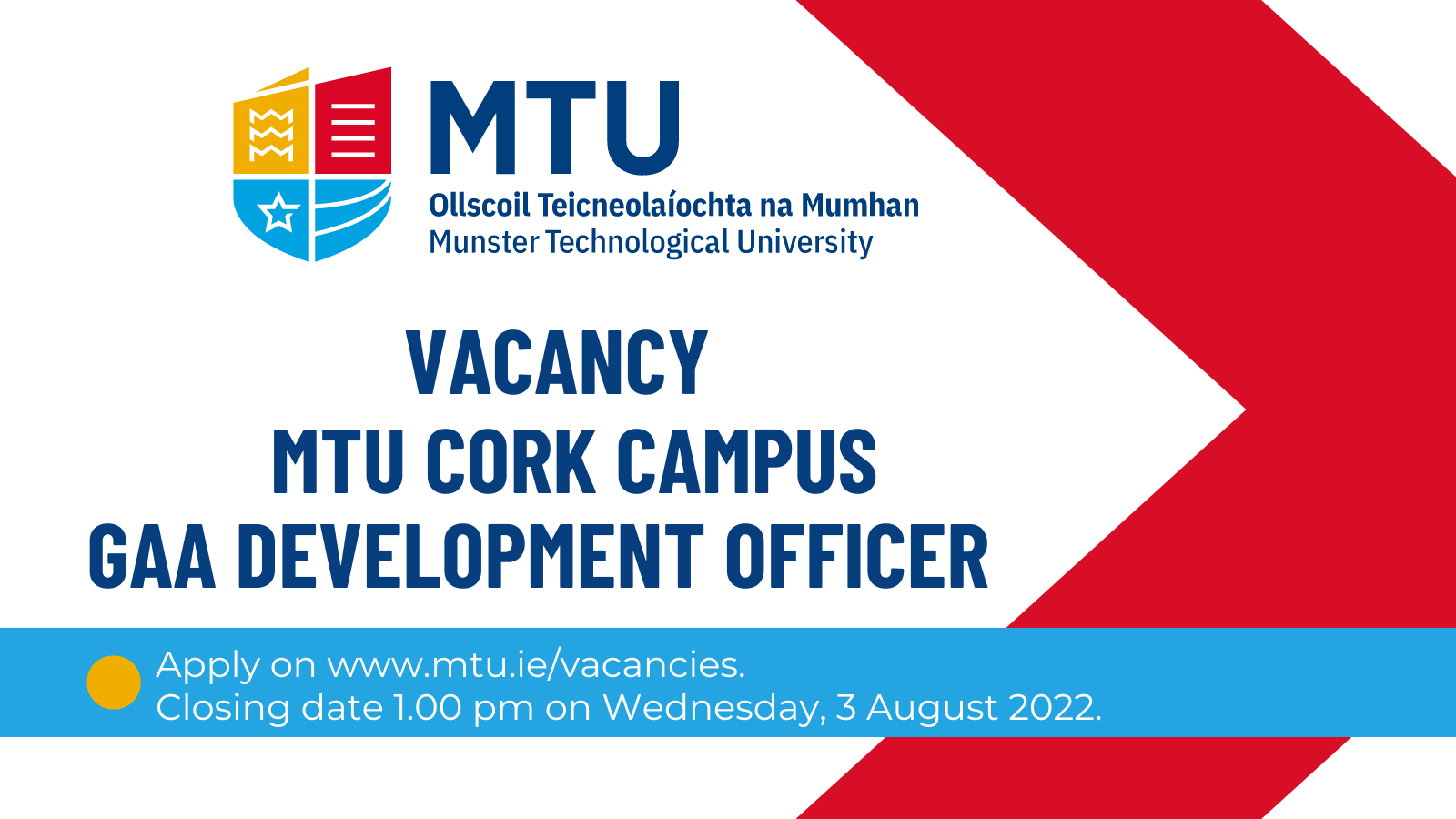 Vacancy MTU Cork Campus GAA Development Officer Cork GAA