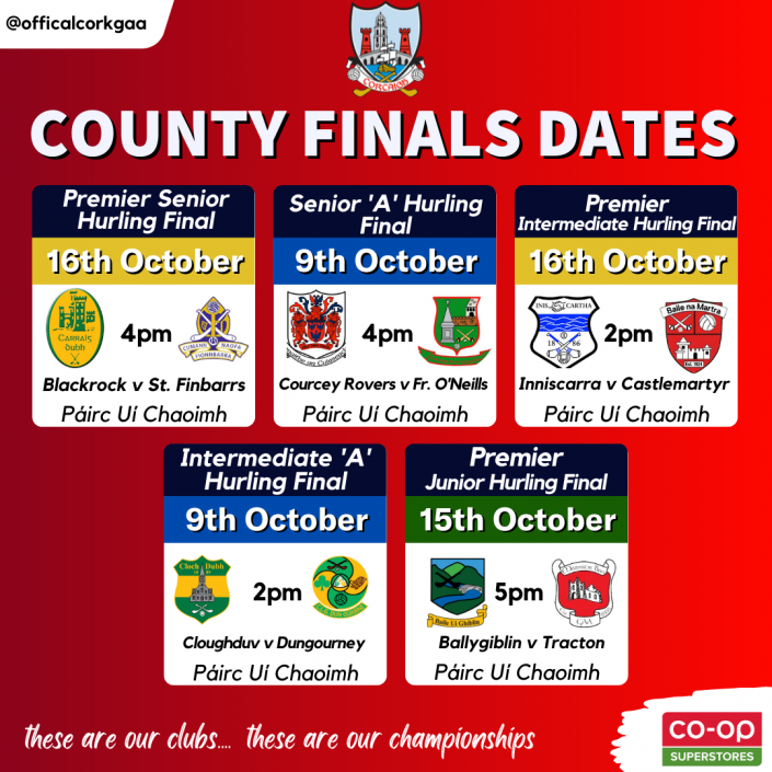 County Hurling Finals dates confirmed Cork GAA