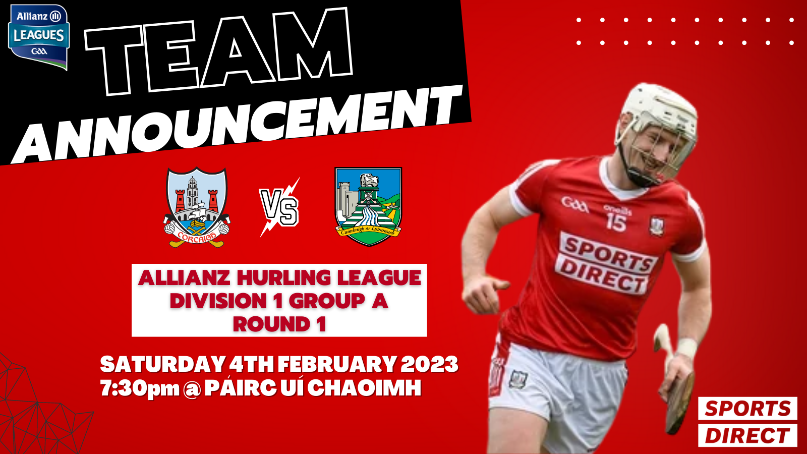 The Cork Senior Hurling Team to play Limerick in Allianz Hurling League