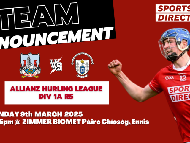 The Cork Senior Hurling team to play Clare has been announced;