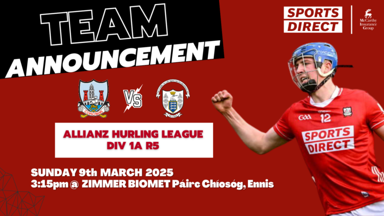 The Cork Senior Hurling team to play Clare has been announced;