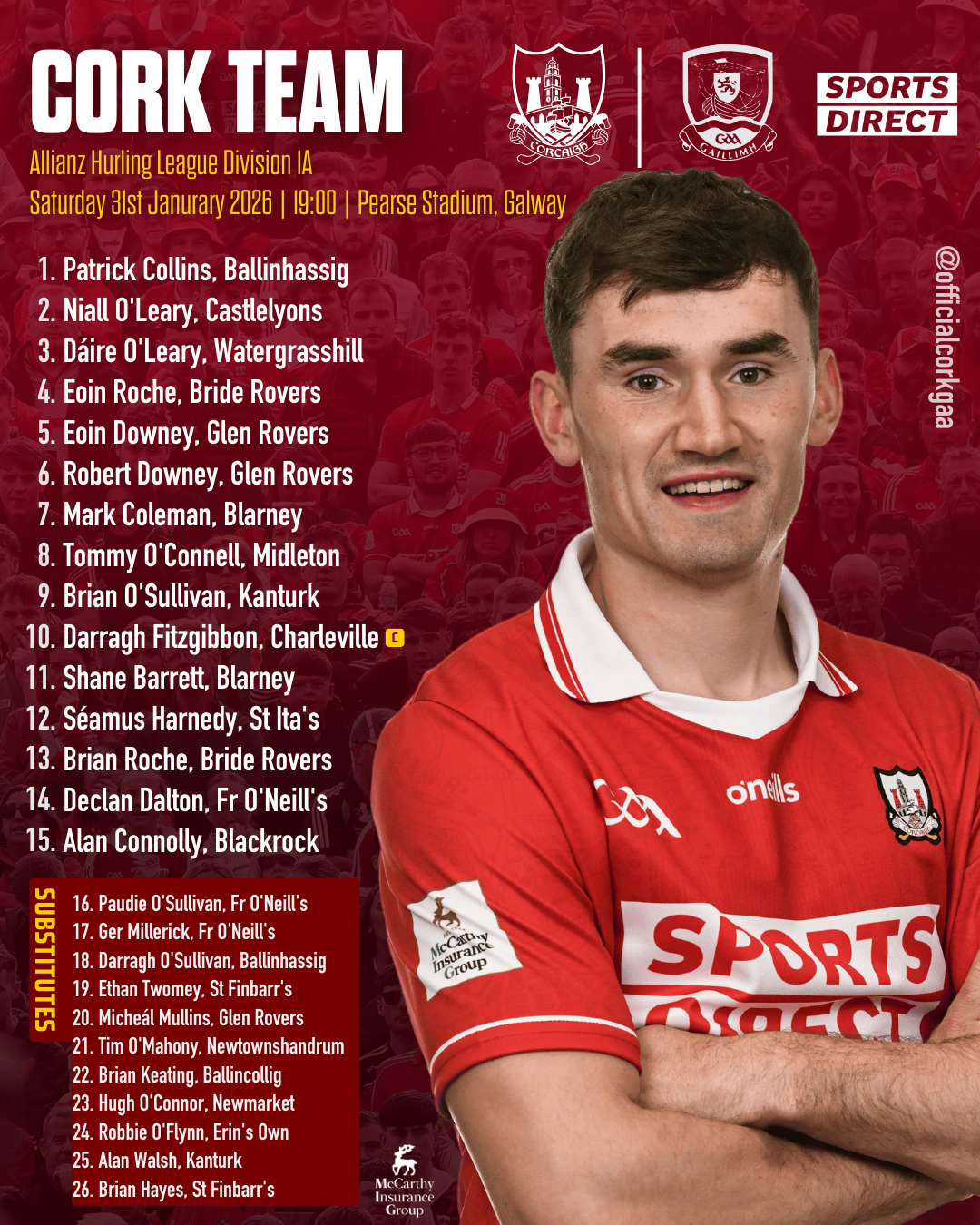 Cork Hurling team to play Galway has been announced