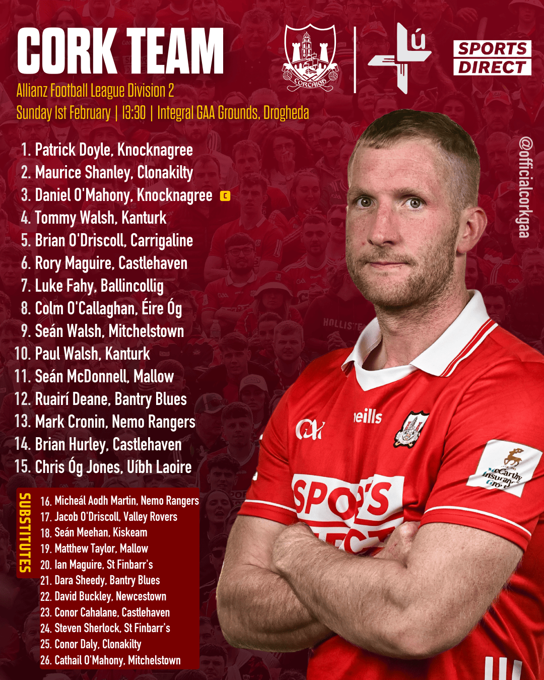 Cork football team to play Louth in Allianz FL Div 2 has been announced