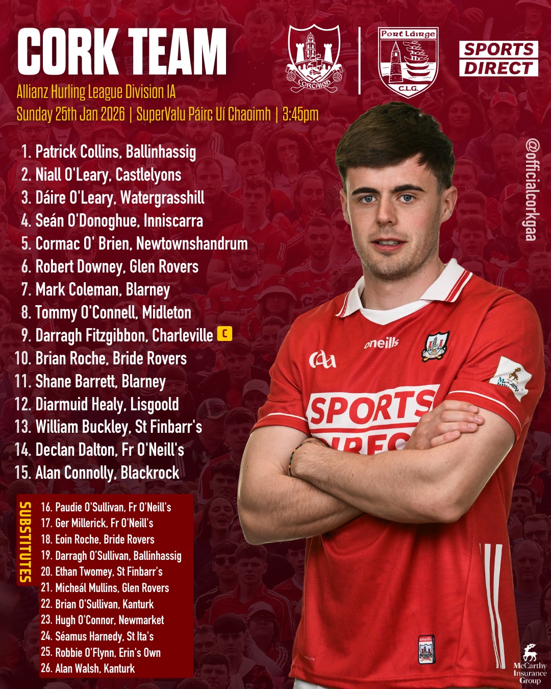 Cork Senior Hurling team to play Waterford has been announced