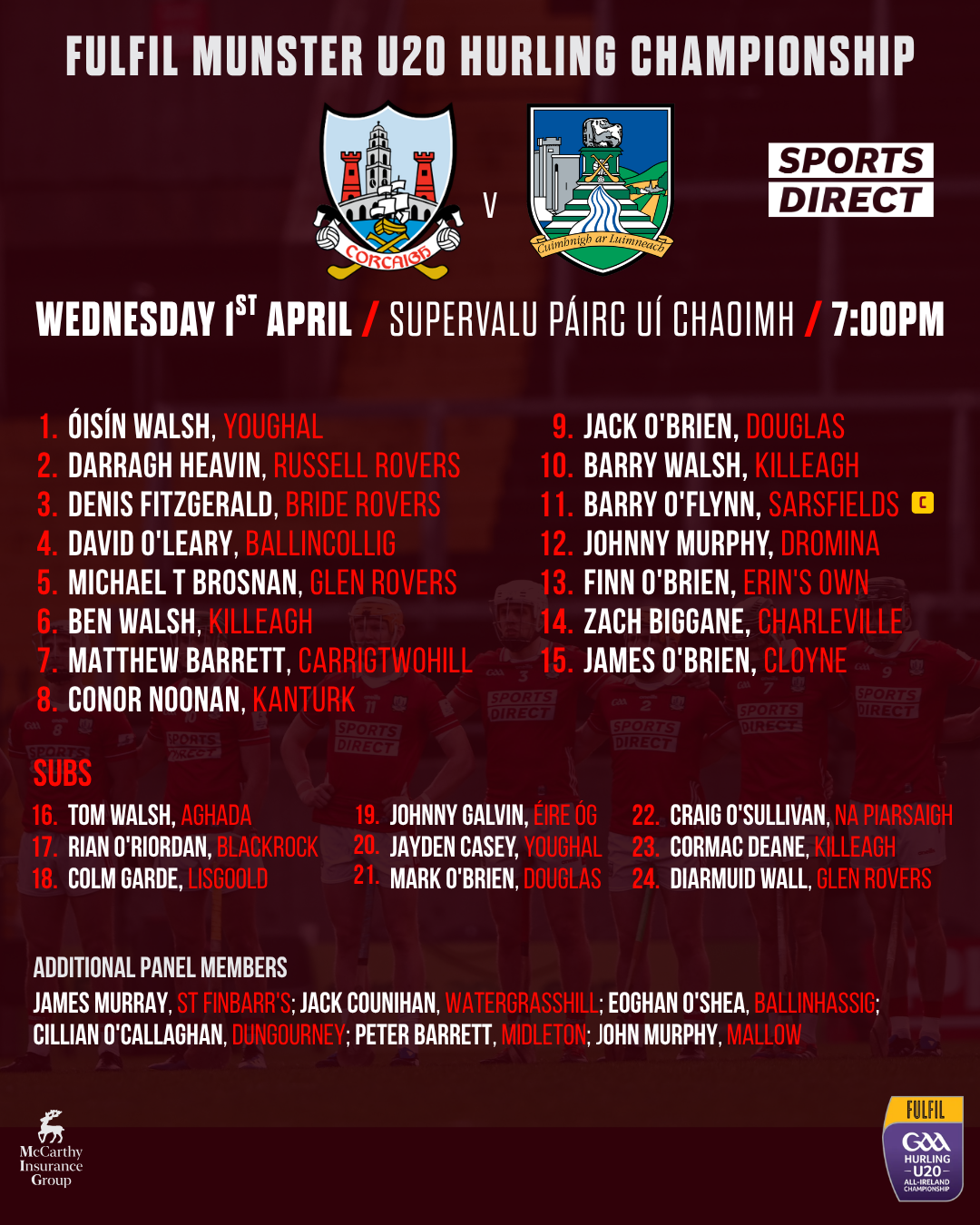 Cork U20 Hurling Team Named for Limerick Clash