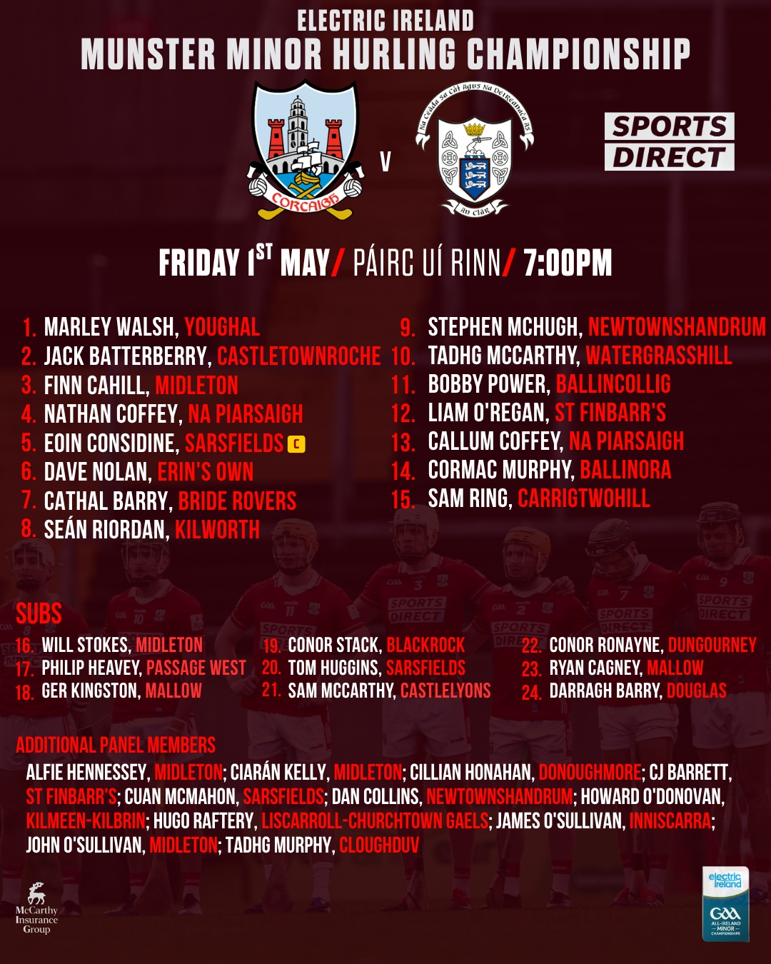 Cork Minor Hurling team to play Clare has been announced
