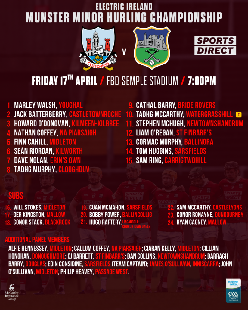 Cork Minor Hurling team to play Tipperary on Friday night has been named