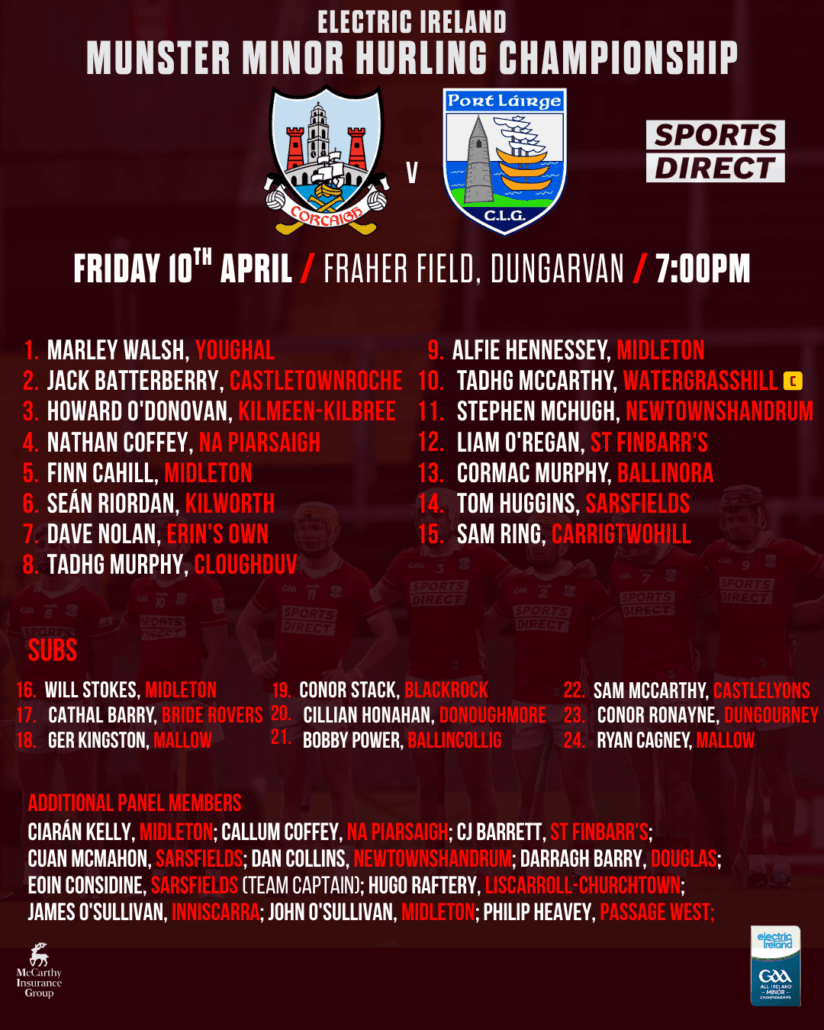 Cork Minor Hurling Team Named for Munster Championship Clash with Waterford