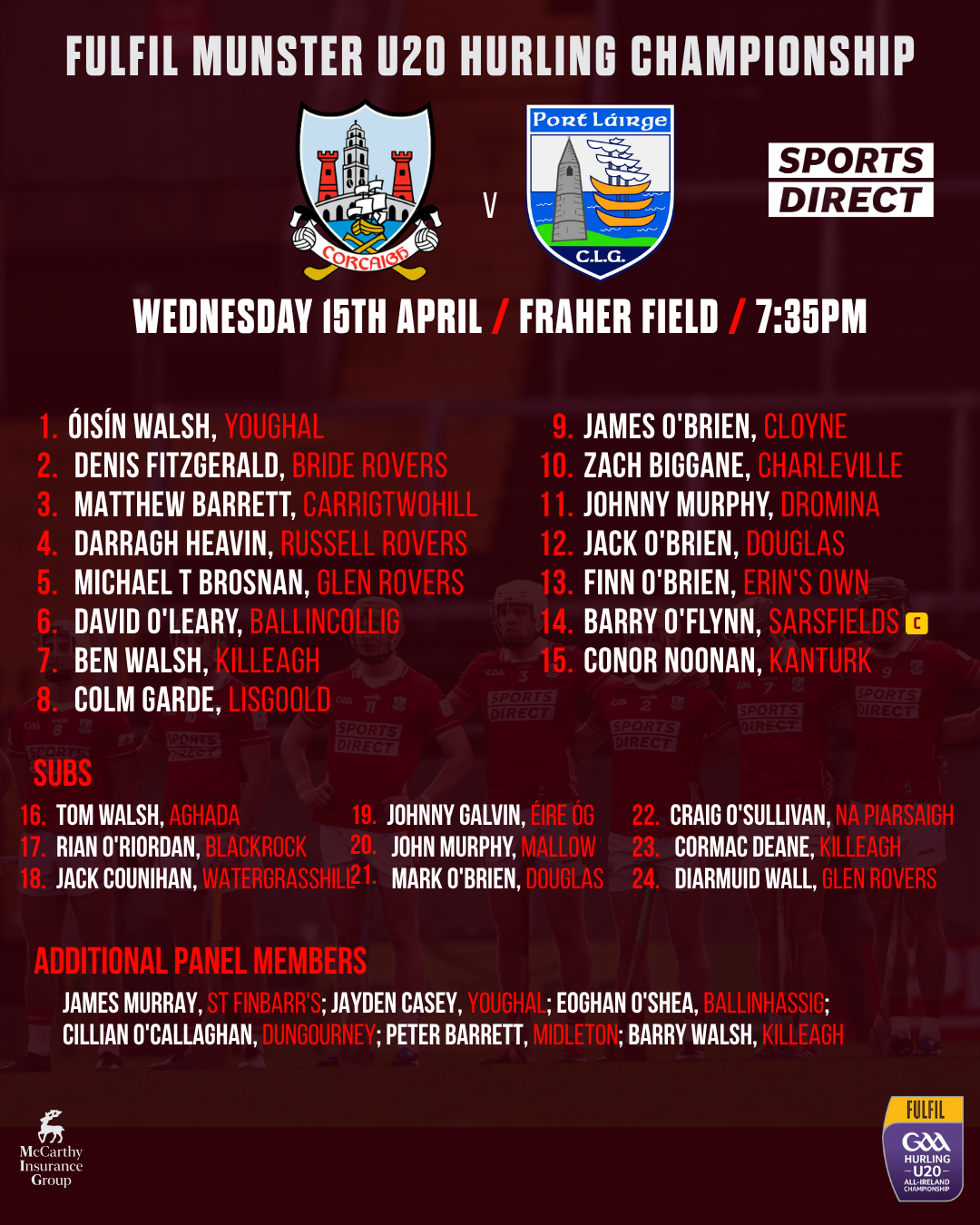 Cork U20 Hurling team to play Waterford in Round 4 on Wednesday has been named