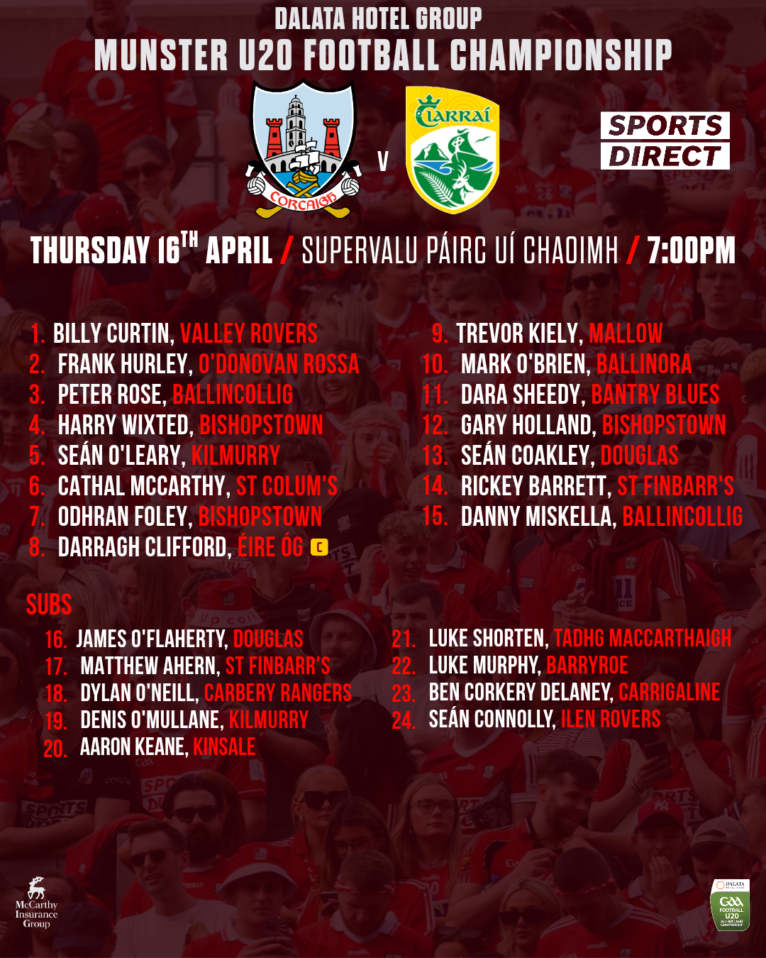 Cork u20 football team to play Kerry has been announced