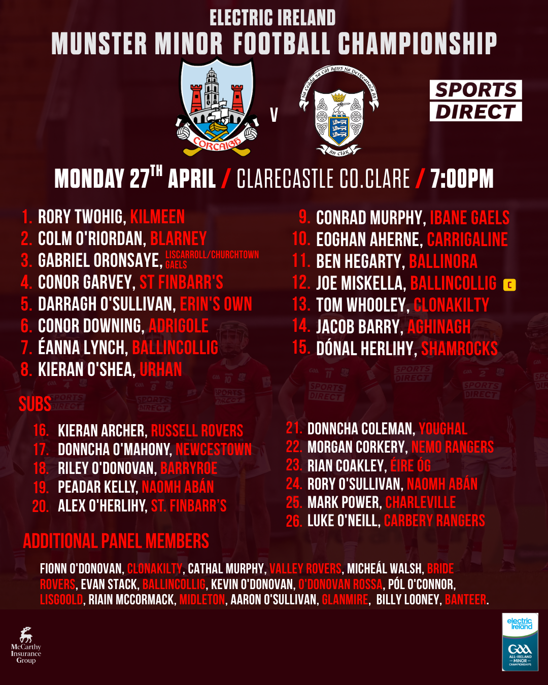 Cork Minor football team to play Clare