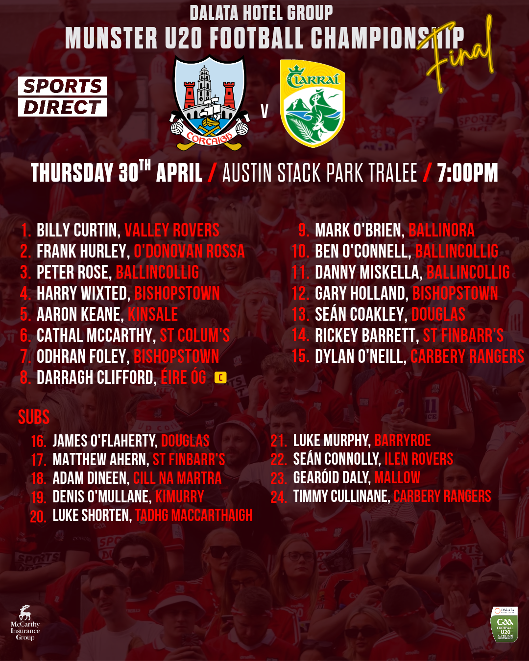 Cork U20 Football Team Announced for Munster Final Clash with Kerry