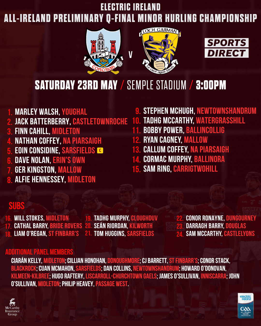 Cork Minor Hurling team to play Wexford has been announced