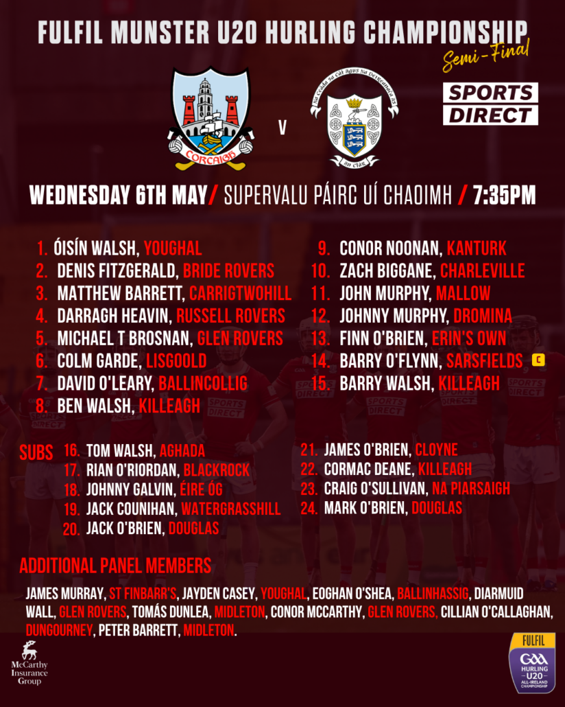 Cork U20 hurling team to play Clare in U20 Fulfil Munster HC Semi-Final