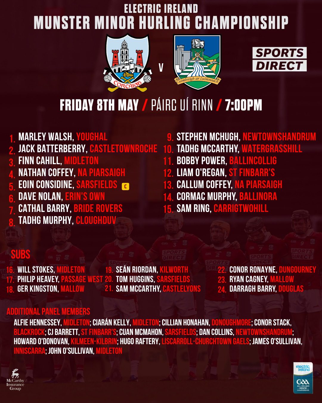 Cork Minor Hurling team to play Limerick has been announced