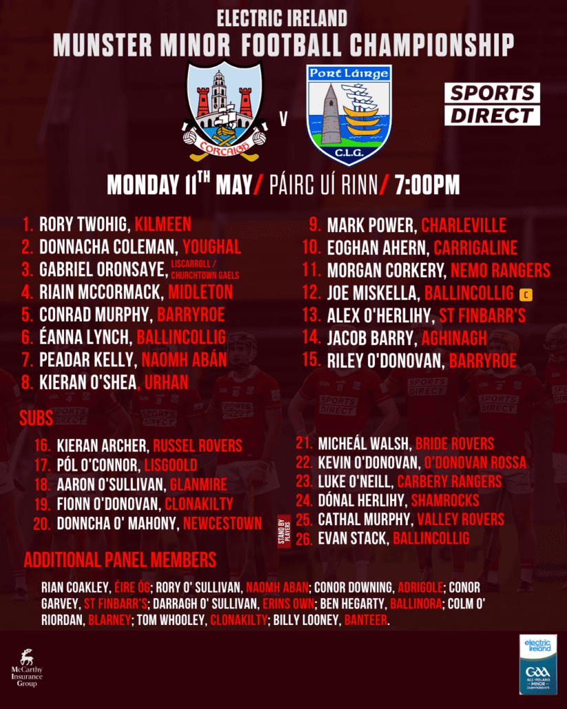 Cork Minor Football team to play Waterford on Monday has been named