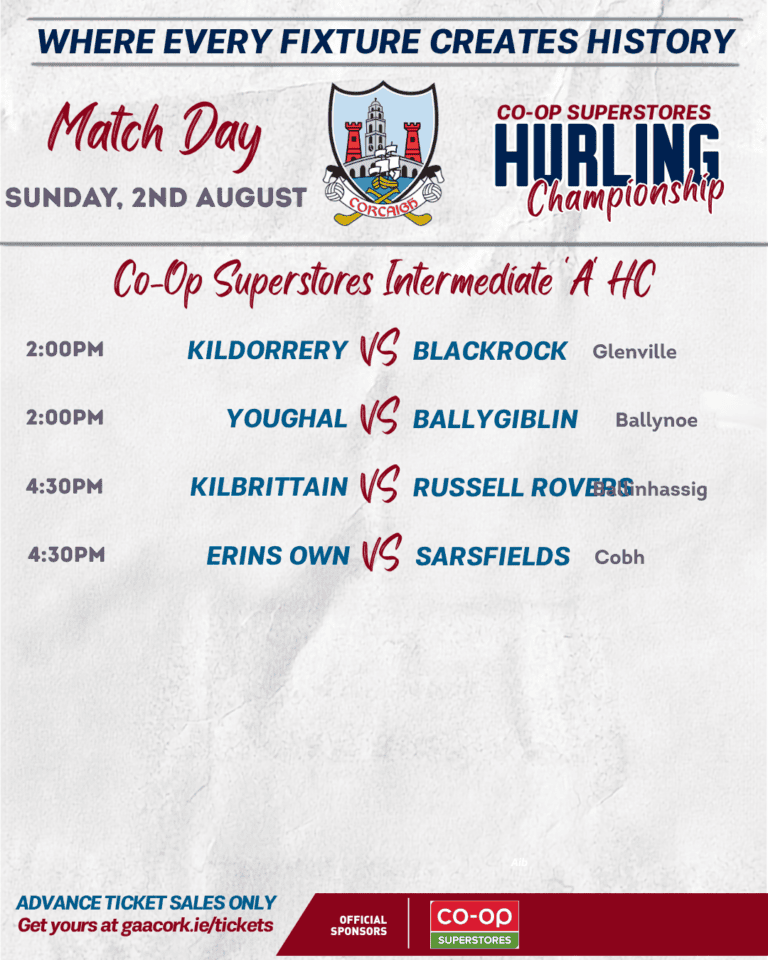 Sunday Matchday Fixtures! – August 2 – Cork GAA