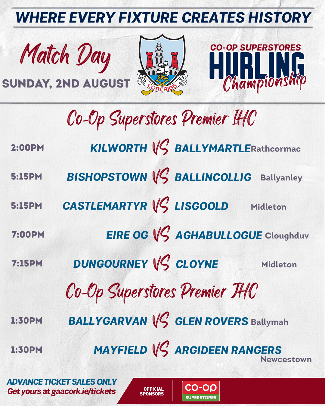 Sunday Matchday Fixtures! – August 2 – Cork GAA
