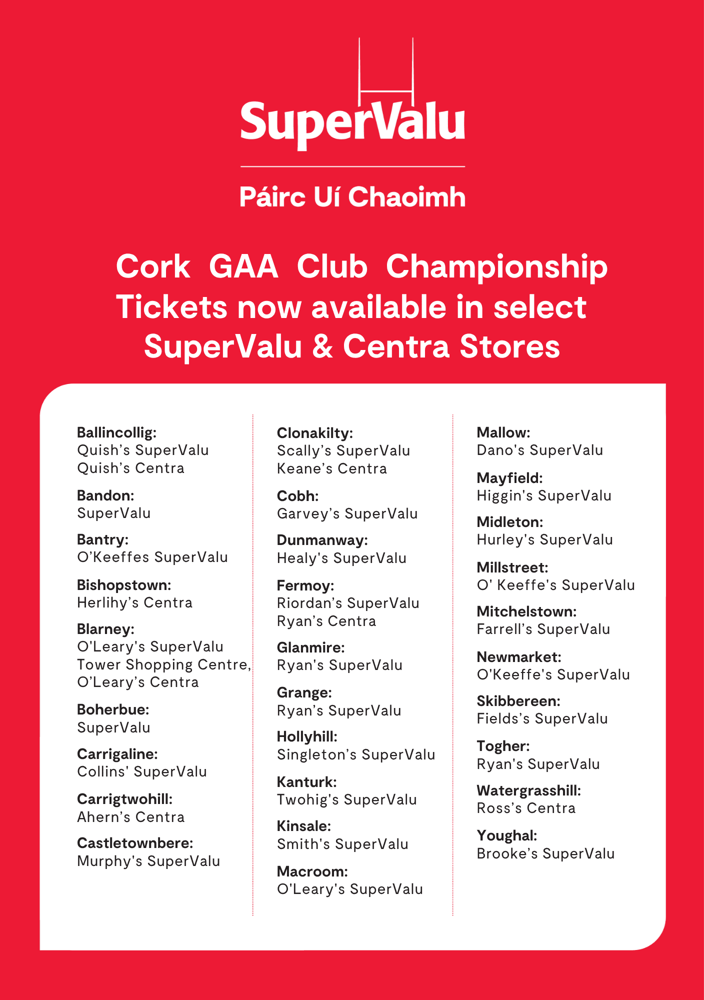 Cork GAA Announce that Match Tickets for County Championships will be on sale at SuperValu and Centra