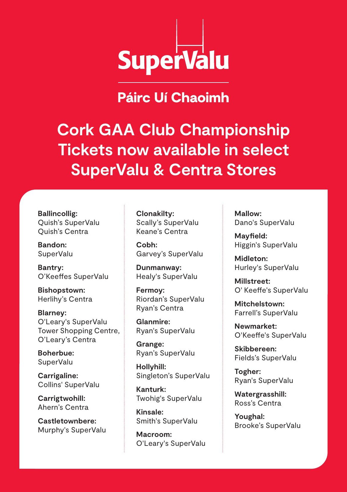 Cork GAA Club Championship Tickets Now on Sale in SuperValu & Centra Stores